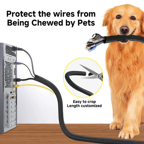 10 Ft 1 In Split Cable Loom Hider For USB And Power Cords, Black Wire Management Sleeve protecting wires from dog chewing.