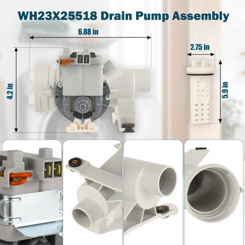 Front Load Washer Drain Pump Assembly Replacement Works With GE Models WH23X10038 And WH23X25461 120V 60Hz With Removable Filter Plug And Play For Easy Install And Quiet Operation, white plastic pump with filter