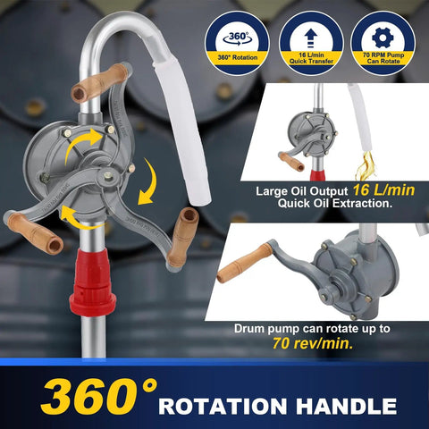 Top Shelf Aluminum Rotary Hand Crank Drum Pump Built Legit For Heavy Duty Oil And Chemical Fluid Transfers With No Fuss Operation And Rock Solid Workshop Durability, featuring adjustable 360° rotation handle.