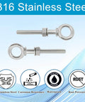 Beefy 5 Pack 1 Quarter Inch By 2 Inch Eye Bolt Set Premium T316 Stainless Steel Shoulder Lifting Eyebolts with nuts