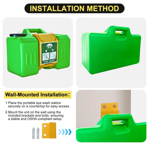 Portable Eye Wash Station With Wall Mount OSHA Approved Emergency Eye Wash Unit Includes Sign And Two Inspection Tags First Aid Units For Workplace Safety Job Site Ready 9 Gallon Bright Green shown with installation method
