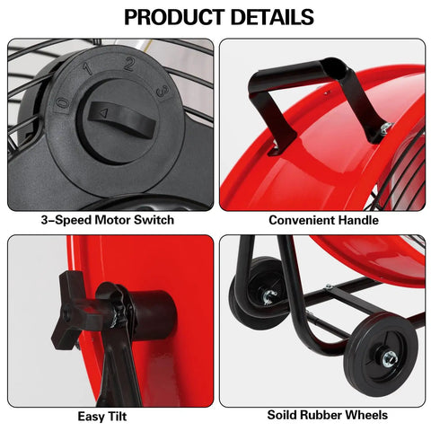 Industrial Drum Fan 24 Inch High Velocity With 8100 CFM 3 Speeds Heavy Duty Metal Shop Fan showing control switch, handle, tilt, and wheels
