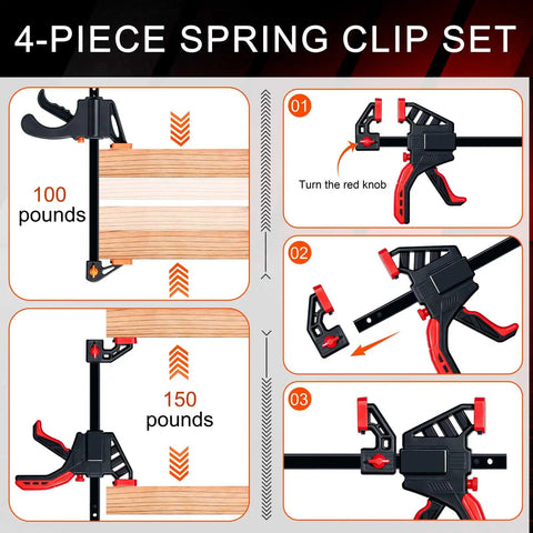 4-piece spring clip set demonstration of a 90 Degree Corner Clamps For Woodworking, Trigger Clamp Set For Carpentry Projects, showing weight capacity.
