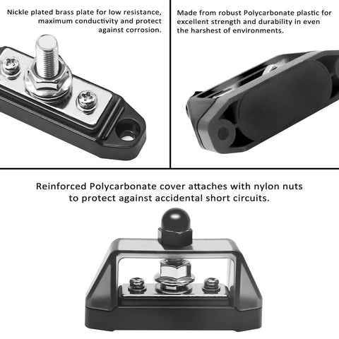Heavy Duty 3 Circuit Power Distribution Bus Bar Terminal With Reinforced Polycarbonate Cover shows nickel plated brass for maximum conductivity.