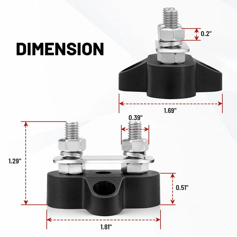 Heavy Duty 12 Volt 100 Amp Power Distribution Block With Dual Quarter Inch M6 Stud Busbar crafted rugged dimensions showing size and design features.