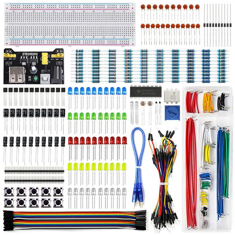 Maker Favorite Electronics Component Fun Kit With Power Supply Module And 830 Tie Point Breadboard, jumper wires, resistors, LEDs