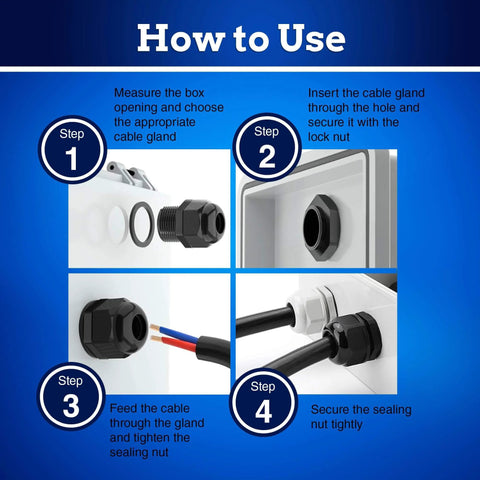 Installation steps for the NPT Cable Glands Kit KableLock 25 Piece Set White PA66 Nylon, showing cable insertion and securing.