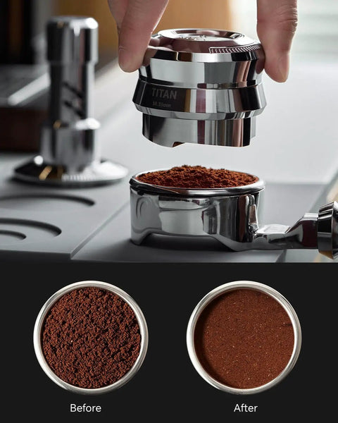 Premium Espresso Gravity Distributor Tool Full Metal Build With Smart Four Blade Base for smooth coffee distribution process.