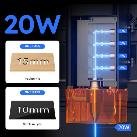20W Laser Engraver A20 Pro V2 With Auto Air Assist And R8 Rotary Chuck precision engraving demonstration on wood and acrylic