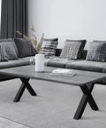 X Shape 16 Inch Metal Bench Legs Set For Coffee Tables And End Tables Beefy Heavy Duty Carbon Steel With Rust Resistant Powder Coat Finish 16 Inch Tall By 15.7 Inch Wide Mid Century Modern Design Built To Last supporting a table in a modern living room