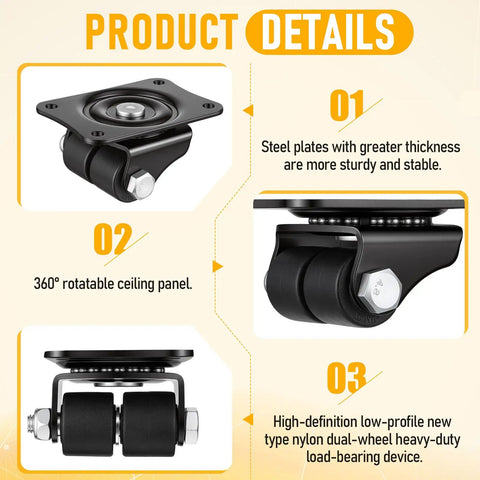 Heavy Duty Low Profile Caster Wheels 8 Pack Double Wheel Swivel Casters Real Deal Stability Smooth As Butter Furniture Movers Dang Sturdy 1 Inch Diameter plate with 360° rotation.
