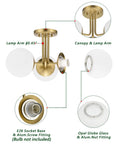 Three Light Aged Brass Semi Flush Mount Ceiling Light Fixture With White Globe Glass showing components and assembly details.