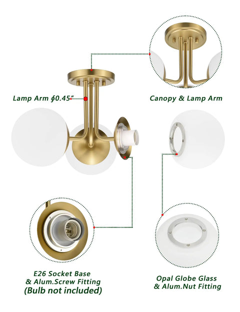 Three Light Aged Brass Semi Flush Mount Ceiling Light Fixture With White Globe Glass showing components and assembly details.