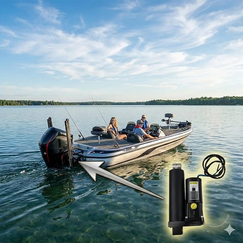 Beefed-Up Outboard Power Trim And Tilt Motor Assembly Replacement For 75-115HP Boats, shown with fishing boat on water