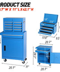 Badass Heavy Duty Rolling Tool Chest With Five Snappy Drawers And Detachable Top Box showing dimensions 20.7" W x 11" L x 42.1" H in classic blue.