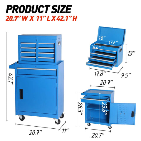 Badass Heavy Duty Rolling Tool Chest With Five Snappy Drawers And Detachable Top Box showing dimensions 20.7" W x 11" L x 42.1" H in classic blue.
