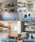 Four rooms showcasing Beefy 8 Inch Shelf Brackets Four Pack For DIY Floating Shelves with black powder coat, supporting various items.