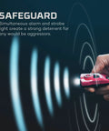 Closeup of hand holding MyPal Rechargeable Keychain Flashlight And Personal Alarm 400 Lumens emitting light and sound waves