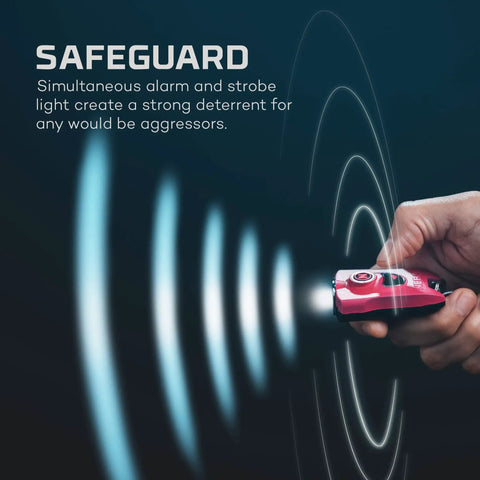 Closeup of hand holding MyPal Rechargeable Keychain Flashlight And Personal Alarm 400 Lumens emitting light and sound waves