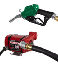 Heavy Duty Foot Mounted Fuel Transfer Pump With Attached Discharge Hose And Auto Nozzle showing pump and nozzle for 25 GPM output.