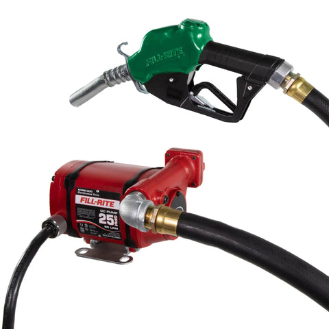 Heavy Duty Foot Mounted Fuel Transfer Pump With Attached Discharge Hose And Auto Nozzle showing pump and nozzle for 25 GPM output.