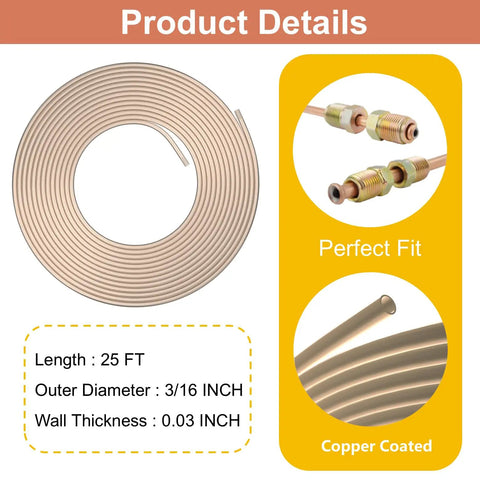 Heavy Duty Three Sixteenth Inch Copper Coated Brake Line Replacement Kit with alloy steel tubing and corrosion-resistant fittings