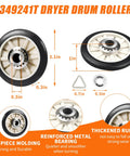 Dryer Repair Kit With Belt, Idler Pulley, And Drum Roller Replacement showing 349241T drum roller dimensions and features.