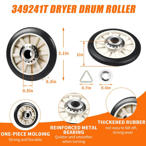 Dryer Repair Kit With Belt, Idler Pulley, And Drum Roller Replacement showing 349241T drum roller dimensions and features.