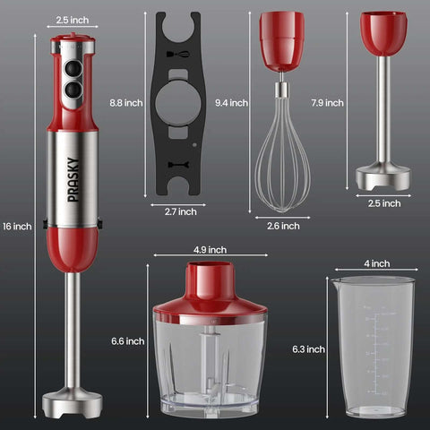 Heavy Duty Immersion Blender Handheld 20 Speed 5 In 1 Kitchen Mixer with stainless steel whisk accessories and measurements.