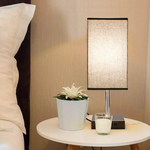 Black Nightstand Lamps 2 Pack with Touch Dimming AC Outlet and Dual USB Ports Fabric Shade Bedside Lamps on table