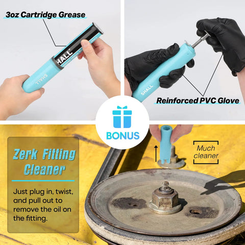 SHALL mini grease gun kit in blue with 3oz grease cartridge and reinforced PVC glove; includes zerk filling cleaner.