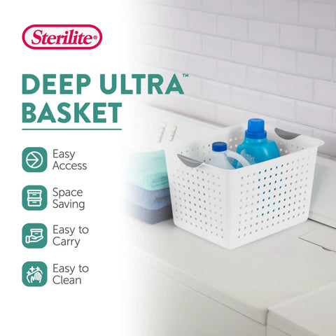 Deep Ultra Open Top Plastic Storage Basket in white on laundry counter with easy grab handles and cleaning supplies inside.