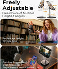 Woman using Dope Ergonomic Adjustable Desk Phone Stand in home office, demonstrating height and angle adjustments for better screen view.
