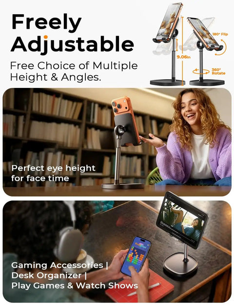 Woman using Dope Ergonomic Adjustable Desk Phone Stand in home office, demonstrating height and angle adjustments for better screen view.