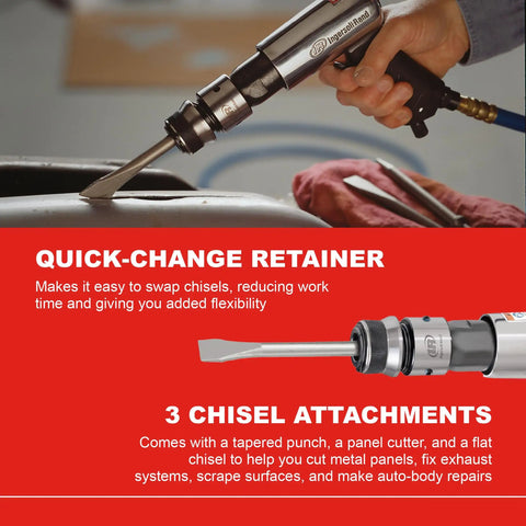Quick Change Air Hammer Kit With 3 Piece Chisel Set 3500 BPM Two And Five Eighths Inch Stroke Point Four Zero One Shank shown in use