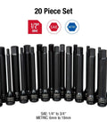 20 Piece SAE and Metric Hex Driver Set with 1/2 Inch Drive for Heavy Duty Use