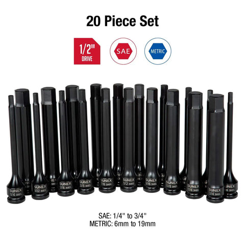 20 Piece SAE and Metric Hex Driver Set with 1/2 Inch Drive for Heavy Duty Use