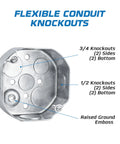 Four Inch Octagon Electrical Box Kit With Blank Covers Ten Pack For Wall Or Ceiling Wiring, One And a Half Inch Deep, Raised Ground, Heavy Duty Galvanized Steel Drawn Construction, Includes Four Half Inch Knockouts And Four Three Quarter Inch Knockouts. Flex conduit knockouts and raised ground emboss.