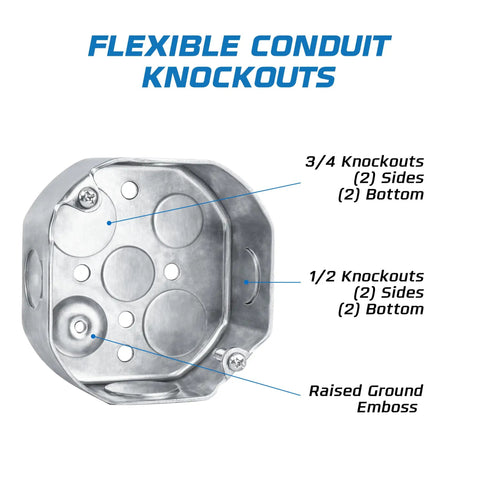 Four Inch Octagon Electrical Box Kit With Blank Covers Ten Pack For Wall Or Ceiling Wiring, One And a Half Inch Deep, Raised Ground, Heavy Duty Galvanized Steel Drawn Construction, Includes Four Half Inch Knockouts And Four Three Quarter Inch Knockouts. Flex conduit knockouts and raised ground emboss.
