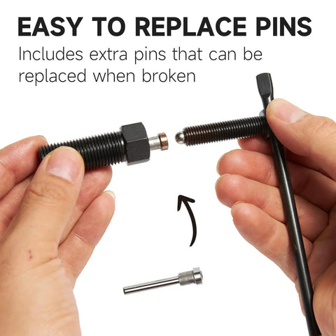 Hands demonstrating Chain Breaker Splitter Tool For Roller Chains, DIY Friendly Chain Cutter And Detacher For Motorcycle Go Kart Mini Bike Dirt Bike 428 520 525 530 And Extensions Included with interchangeable pins.