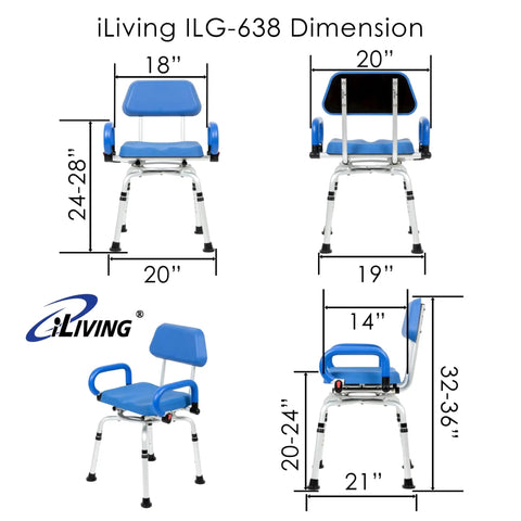 Swivel Pivot Shower Chair With 360 Degree Rotating Seat Padded Seat Back And Armrests Non Slip Base Adjustable Height Blue dimensions.