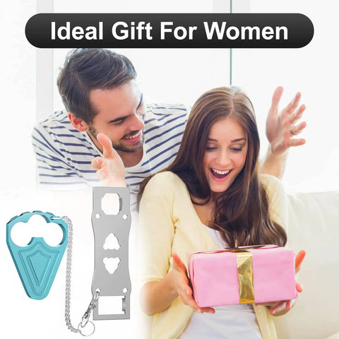 Portable Door Lock For Hotel And Apartment Security Heavy Duty Aluminum And Stainless Steel Travel Latch Bolt Easy To Install On Door Prevent Unauthorized Entry And Keep Your Privacy While On The Go Blue displayed with a gift.