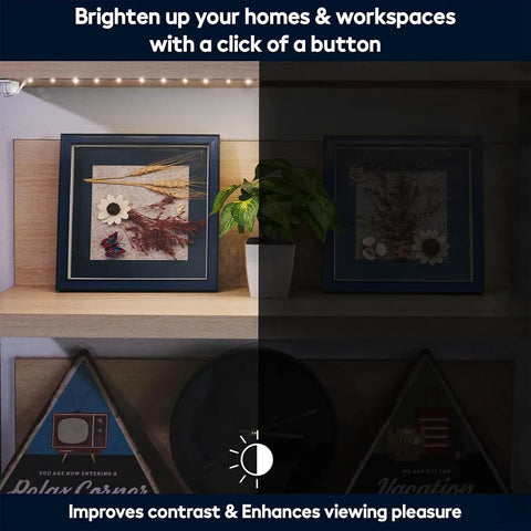 Battery Powered LED Strip Lights 40 Inch 3 Pack Wireless Under Cabinet Lighting enhancing display of picture frames on shelf