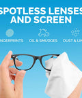 Six-pack microfiber cleaning cloths (6x7 in): 3 dark gray and 3 white, shown cleaning eyeglasses and screens.