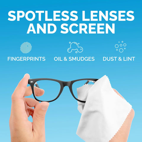 Six-pack microfiber cleaning cloths (6x7 in): 3 dark gray and 3 white, shown cleaning eyeglasses and screens.
