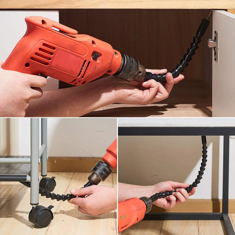 Three Piece Flexible Drill Bit Extension Set With Magnetic Hex Drive Soft Shaft And Hand Drill Adaptor being used in tight spots.