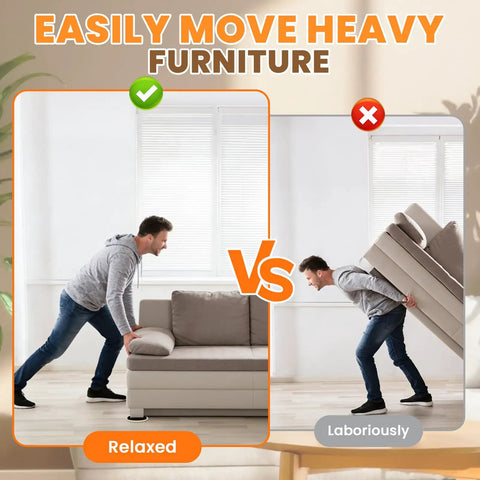 Man easily moving sofa with Heavy Duty Carpet Furniture Sliders Set Eight Pack For Easy Glide No Sweat One Person Move Chair Leg Floor Protectors Sofa Couch Movers Pads Reusable Moving Sliders For Beds Cabinets And Pianos Protect Floors On Any Surface on the left, struggling without them on the right.