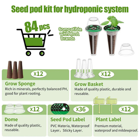 All In One 84 Piece Hydroponic Pod Kit For Indoor Grow Systems Compatible With Most Hydroponics Setups Includes 12 Grow Baskets 12 Grow Sponges 12 Domes 36 Seed Pod Labels And 12 Plant Labels overview