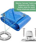 Front view of 15-piece marine-grade twist-lock fasteners with eyelets and mounting screws on blue canvas tarp