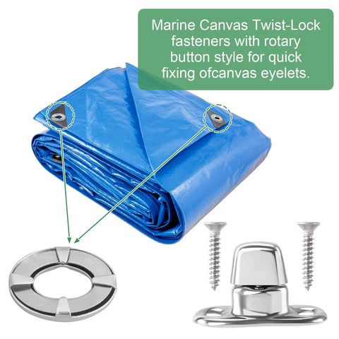 Front view of 15-piece marine-grade twist-lock fasteners with eyelets and mounting screws on blue canvas tarp